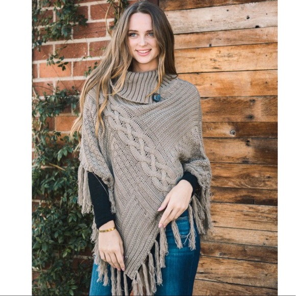 CONLEIGH-High Neck Fringe Sweater Poncho - Picture 3 of 7
